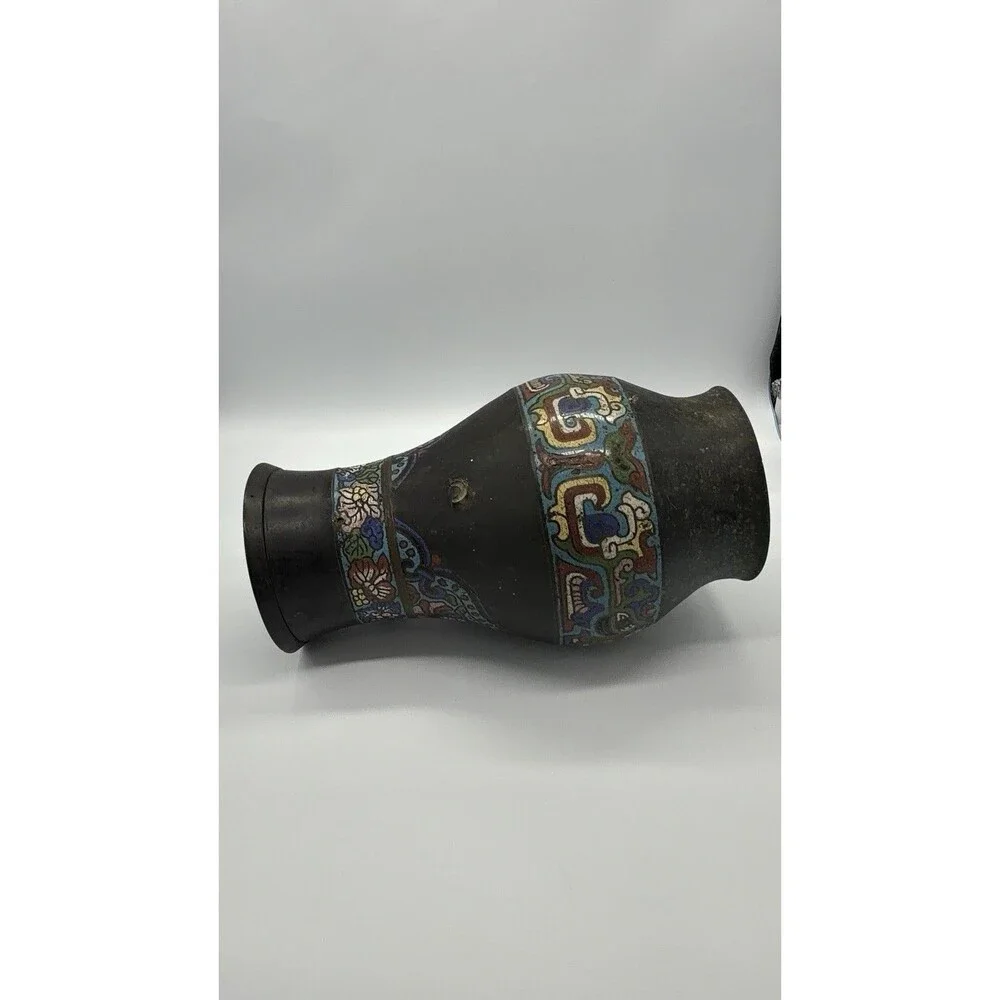 Vintage Japanese Champlevé Enamel Vase - Ornate Floral Design, Figural Handle